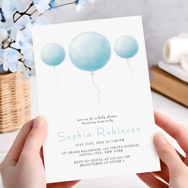 Minimalist Pastel Blue Balloons Baby Boy Shower Invitation (Creator Uploaded)