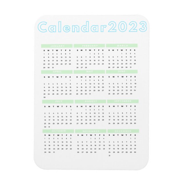 Minimalist Pastel Blue Green 2023 Magnet Calendar (Vertical)