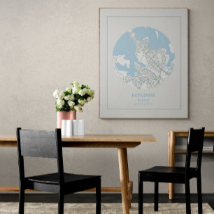 Minimalist Pastel Blue Map Art Reykjavik Iceland Poster