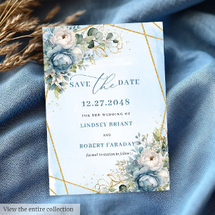 Minimalist Pastel Blue White Gold Peony Save Date Invitation