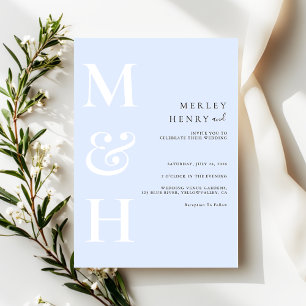 Minimalist Pastel Blue White Monogram Wedding Invitation