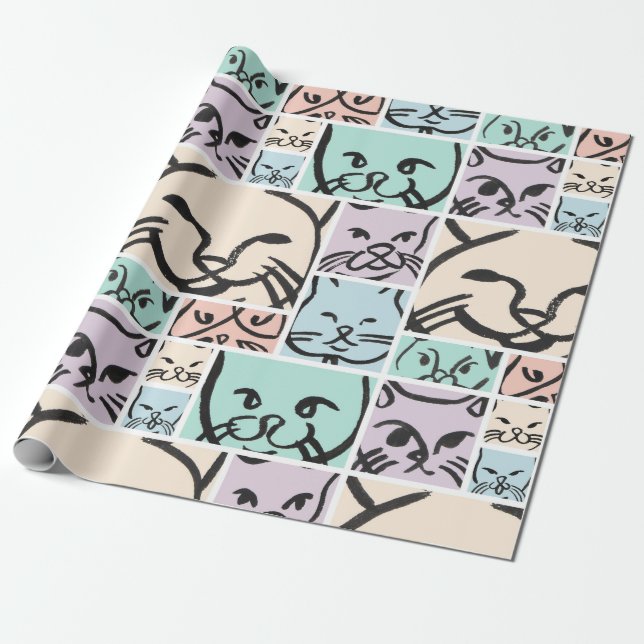 Minimalist Pastel Cat Faces Wrapping Paper (Unrolled)