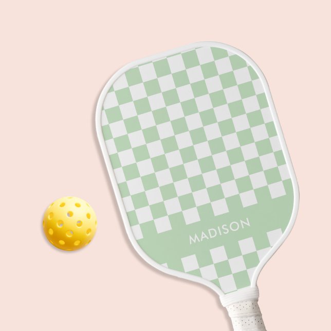 Minimalist Pastel Green Chequered Monogram Pickleball Paddle (Creator Uploaded)