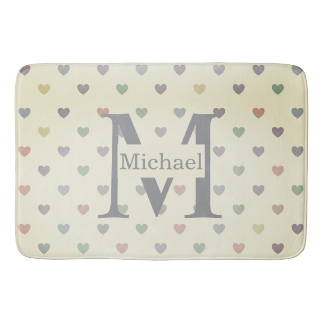 Minimalist Pastel Heart Pattern Custom Monogram  Bath Mat (Front)