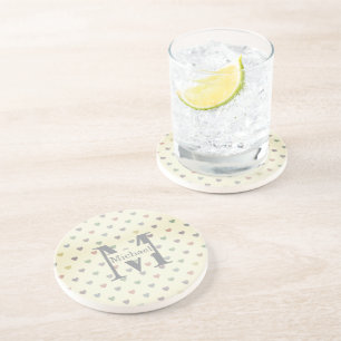Minimalist Pastel Heart Pattern Custom Monogram Coaster