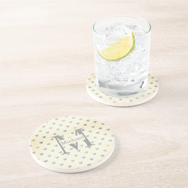 Minimalist Pastel Heart Pattern Custom Monogram  Coaster (Side)