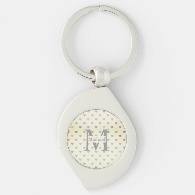 Minimalist Pastel Heart Pattern Custom Monogram  Key Ring (Front)