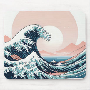 Minimalist Pastel Japanese Wave Art Design Mouse Pad