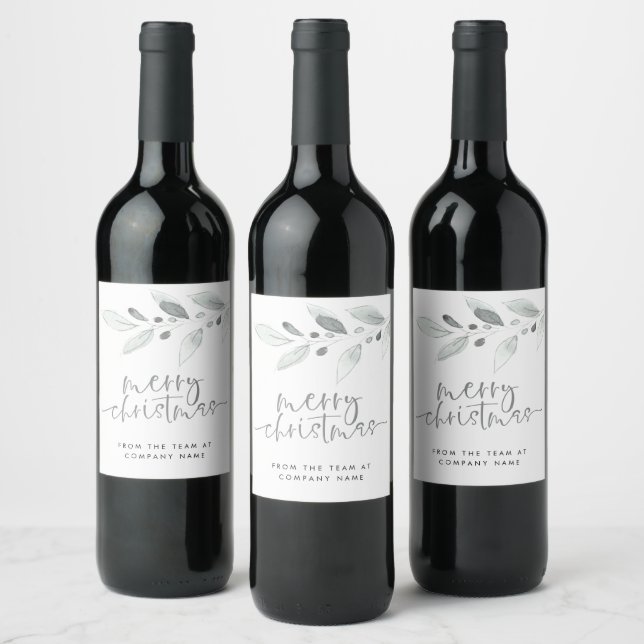 Minimalist pastel leaves Company Merry Christmas Wine Label (Bottles)