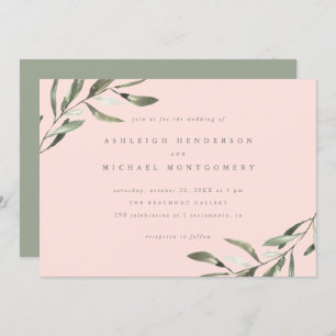 Minimalist Pastel Pink Sage Green Branches Wedding Invitation