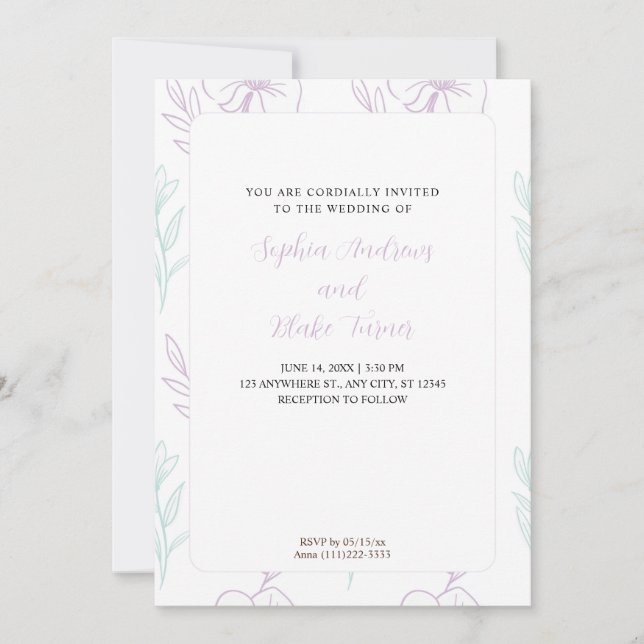 Minimalist Pastel Purple and Green Floral Wedding Invitation (Front)