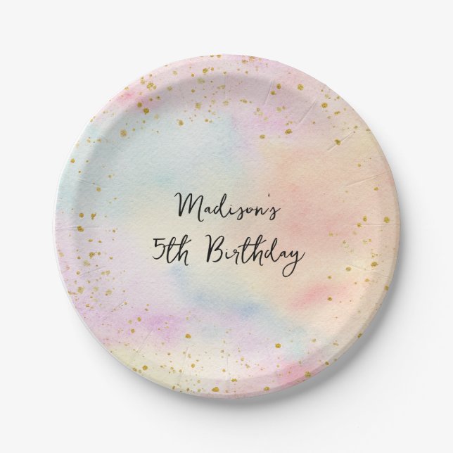 Minimalist Pastel Rainbow Gold Birthday Paper Plate (Front)
