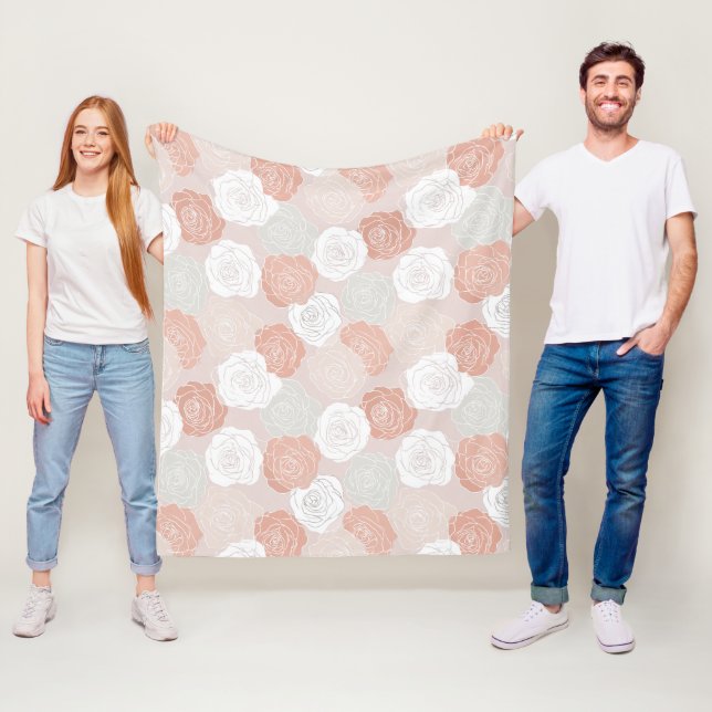 Minimalist Pastel Rose White Floral Pattern Fleece Blanket (In Situ)