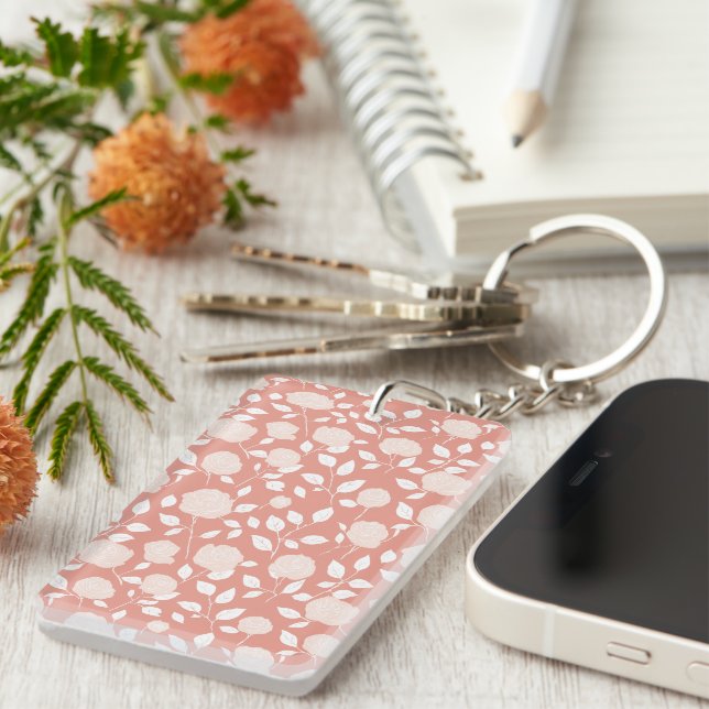 Minimalist Pastel Rose White Floral Pattern Key Ring (Front Right)