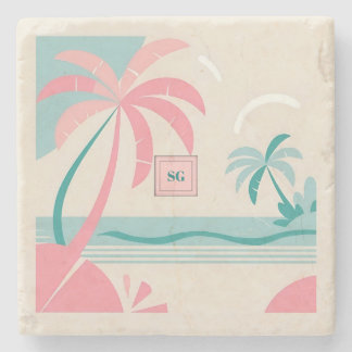 Minimalist pastel tropical beach pink and teal stone coaster
