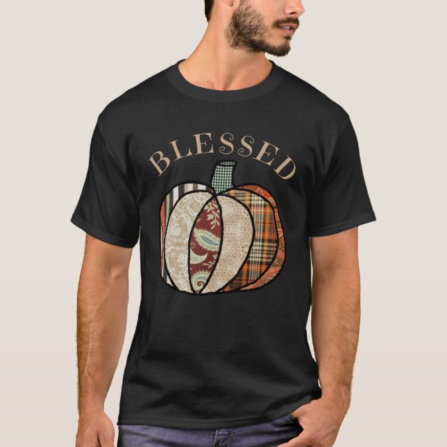 Minimalist Patchwork Pumpkin Autumn Blessed Thanks T-Shirt (Front)