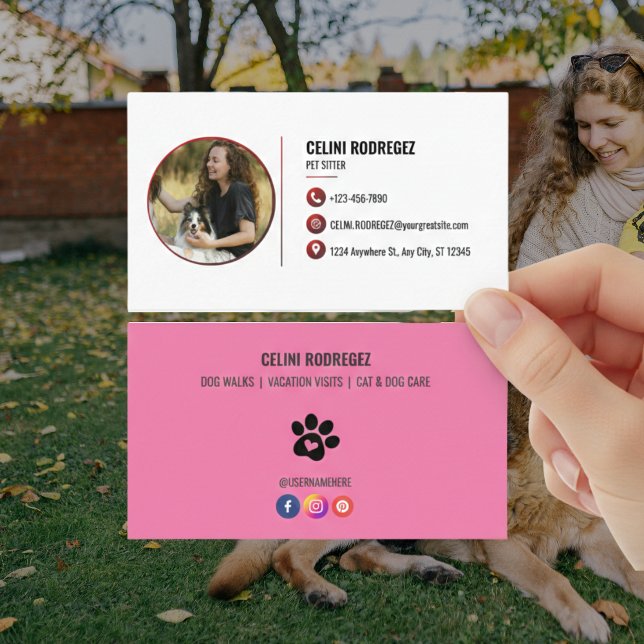 Minimalist Paw Print Pet Sitting Photo  Business Card (Minimalist Paw Print Pet Sitting Photo Business Card with Social Media)