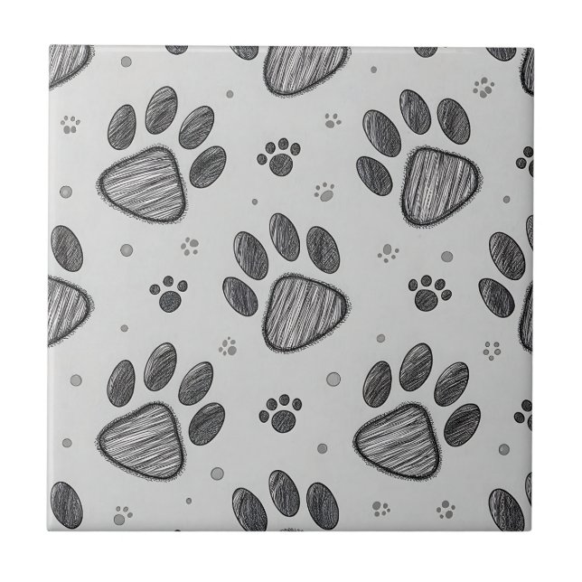 Minimalist Paw Print Sketch Pattern (2) Ceramic Tile (Front)