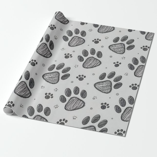 Minimalist Paw Print Sketch Pattern (2) Wrapping Paper (Unrolled)