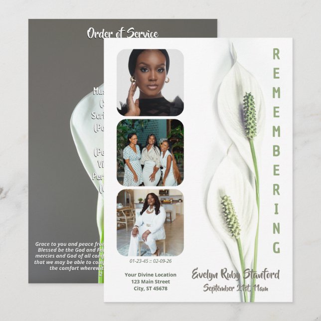 Minimalist Peace Lily Funeral Program (Front/Back)