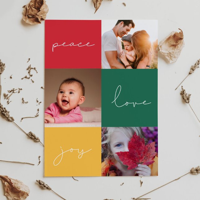 Minimalist Peace Love Joy 3 Photo Collage Holiday Card (Creator Uploaded)