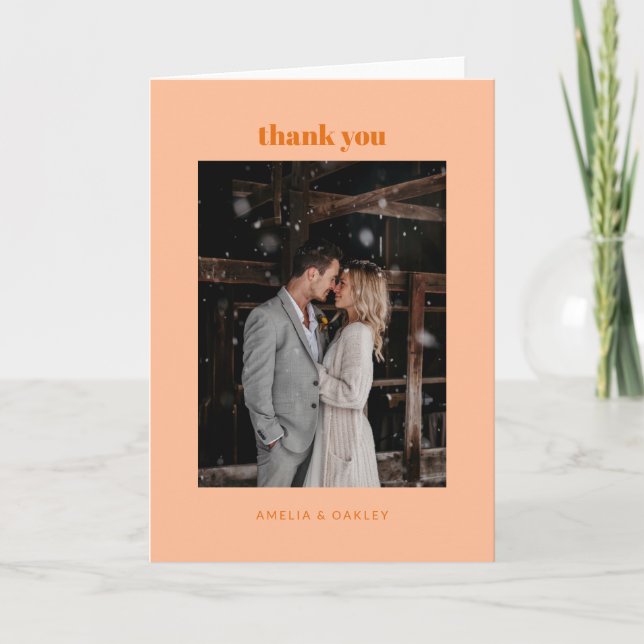 Minimalist Peach Orange Wedding Photo Folded Thank You Card (Front)