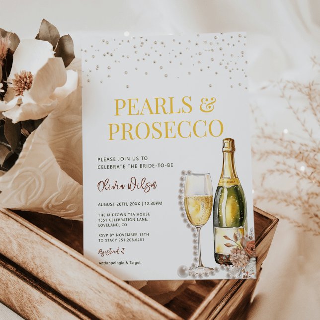 Minimalist Pearls and Prosecco Bridal Shower  Invitation (Elegant Pearls and Prosecco Bridal Shower Invitation)