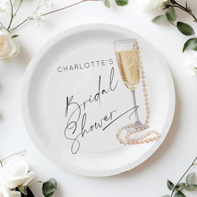 Minimalist Pearls and Prosecco Bridal shower Paper Plate (Creator Uploaded)