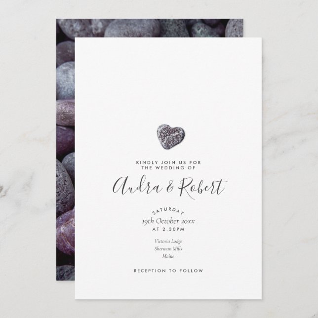 Minimalist Pebble Heart Discovery Photo Wedding Invitation (Front/Back)