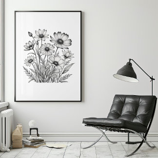 Minimalist Pencil Sketch of Summer Blooms Poster