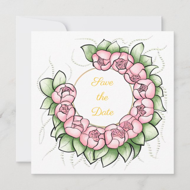 Minimalist Peony Wreath Save the Date Card (Front)