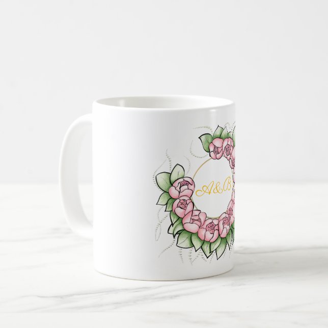 Minimalist Peony Wreath Wedding Mug - Personalised (Front Left)
