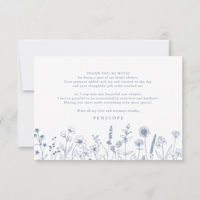 Minimalist Periwinkle Wildflower Bridal Shower Thank You Card (Back)