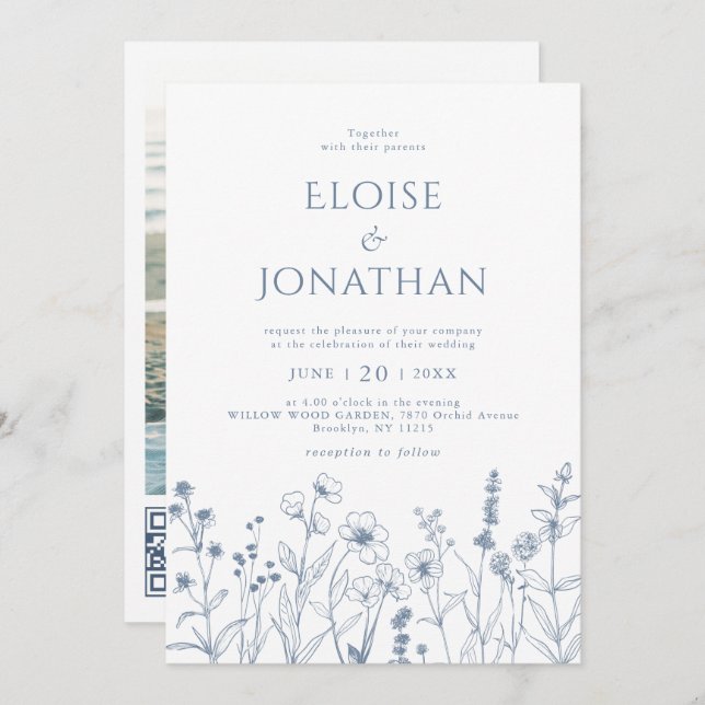 Minimalist Periwinkle Wildflower QR Code Wedding  Invitation (Front/Back)