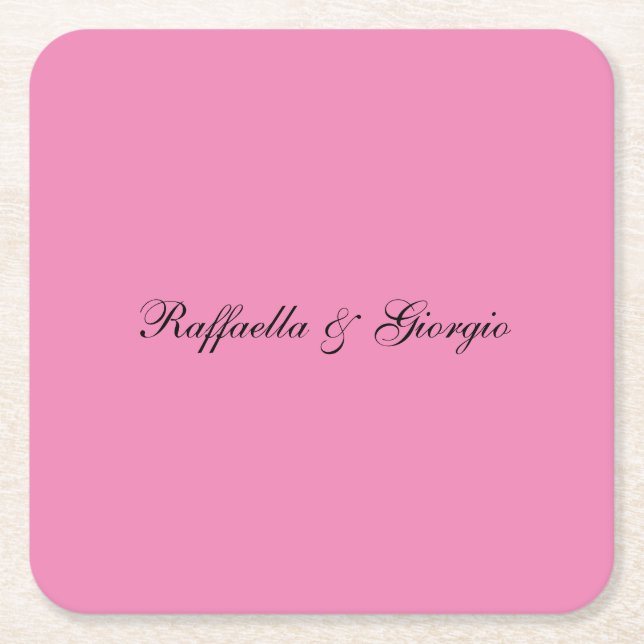 Minimalist personalised customised name pink colou square paper coaster (Front)