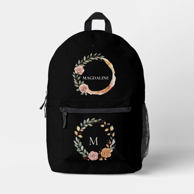 Minimalist Personalised Floral Monogram Printed Backpack (Front)