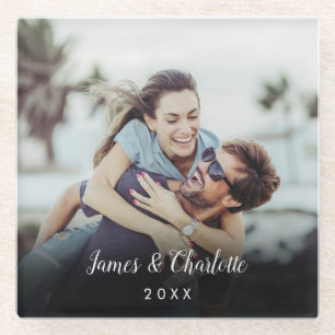 Minimalist Personalised Photo Script Name Date Glass Coaster