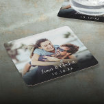Minimalist Personalised Photo Script Name Date Square Paper Coaster<br><div class="desc">Personalise with your favourite photo featuring your names and the year,  creating a unique memory for your wedding guests. Designed by Thisisnotme©</div>