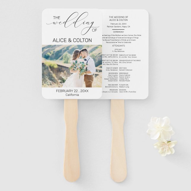 Minimalist Personalised Photo Wedding Program Hand Fan (Front and Back)