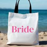 Minimalist Personalised Pink Bride Bachelorette  Tote Bag<br><div class="desc">Fun, flirty pink with simple vertical block lettering to personalise for the bride at the bachelorette party. Coordinates with Pink "Bride Tribe" Bags in my collection. Pretty keepsake favour for your favourite bride! "Bride" on the front and personalise the back with the bride's name. Message me if you want something...</div>