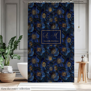 Minimalist Personalised Royal Blue and Gold Shower Curtain
