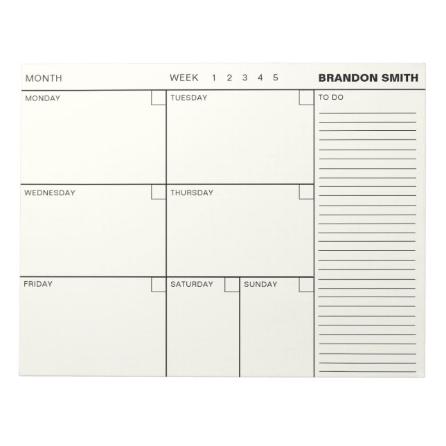 Minimalist Personalised Weekly Planner Agenda Notepad (Front)