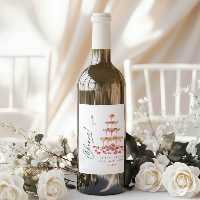 Minimalist Petals and Prosecco Cheers Bridal Wine Label (Creator Uploaded)