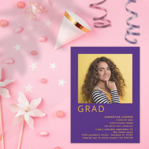 Minimalist Photo 2022 Graduation Purple Yellow Invitation