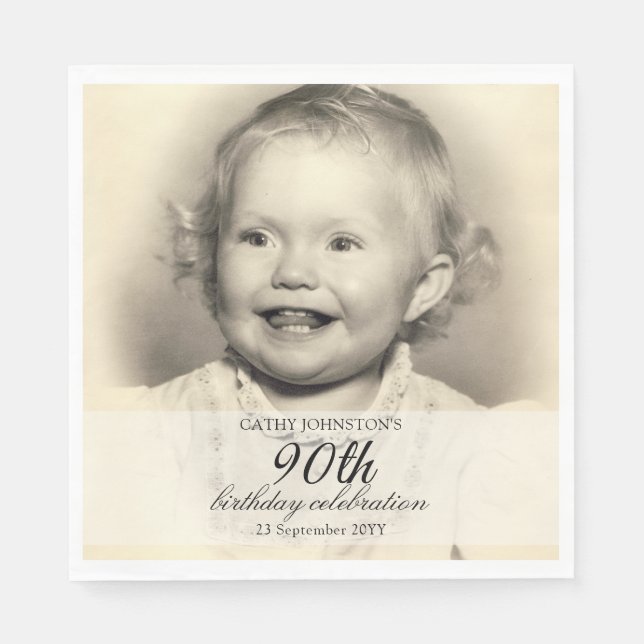 Minimalist Photo 90th Birthday Napkin (Front)