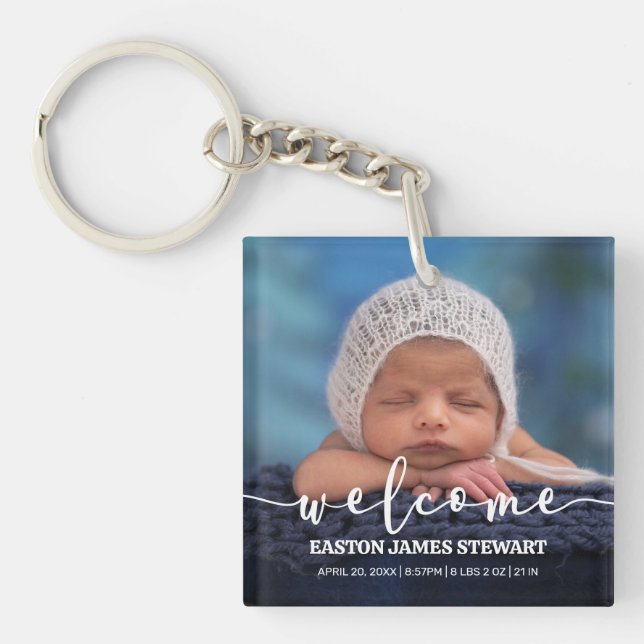 Minimalist Photo Baby Birth Announcement Key Ring (Front)