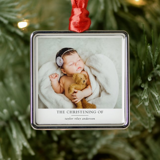 Minimalist Photo Baptism Christening  Metal Ornament (Tree)