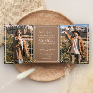 Minimalist Photo Beige Tan White QR Code Wedding Tri-Fold Invitation