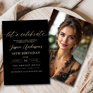 Minimalist Photo Black Gold Birthday Invitation