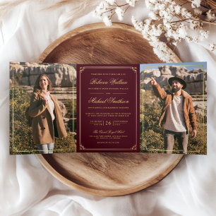 Minimalist Photo Burgundy Gold QR Code Wedding Tri-Fold Invitation